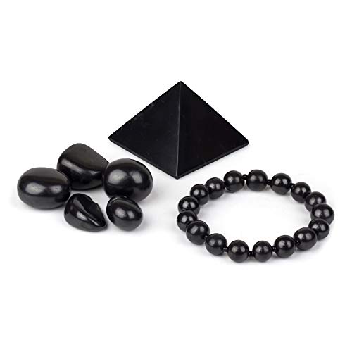 Heka Naturals Polierte Schungit-Pyramide (5 cm), Dehnbares Armband & Trommelsteine | Wohnkultur, Wasserreinigung, Entgiftung - Chakra-Steine Naturkristalle Spiritueller Schmuck von Heka Naturals