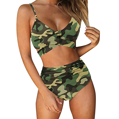 Hekbaep Badeanzug Damen Plus Size Stilvolle niedliche Sonnenblume und Camouflage Print Split Bikini Set Sexy Hohe Taille Zweiteilige Bademode Bequemer Cover Up Badeanzug, grün, XL von Hekbaep