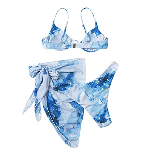 Hekbaep Damen-Badeanzug, Marmor, Batikdruck, Stahlring, Strandmode, Batikdruck, mit Netzstoff, Strandrock, geteilter Push-Up-Bikini, dreiteiliger Badeanzug, Rosa, blau, M von Hekbaep