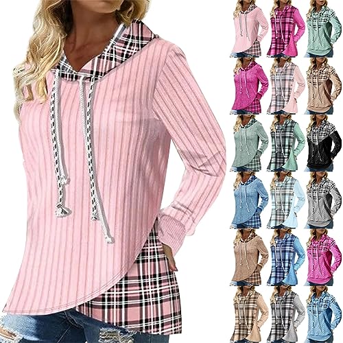 Hekbaep Hoodie Damen, Sweatshirt Langarm Pullover Rippenmuster Patchwork mit Kordelzug Kapuze Casual Winter Oberteile Schottenmuster Shirts Tops für Frauen (S-3XL) von Hekbaep