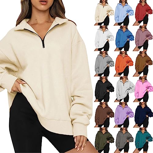 Hekbaep Sweatshirt Damen mit Halbem Reißverschluss Pullover Übergröße Mädchen Stehkragen V-Ausschnitt Oberteile Langarmshirt Herbst Einfarbig Winter Freizeit Sport Pulli - 18 Farben Verfügbar von Hekbaep