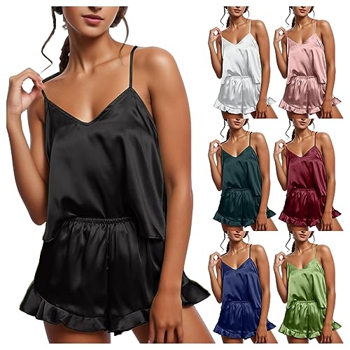 Schlafanzug Damen Pyjama Kurz Set Sexy Nachtwäsche Frauen 2 Stück Elegante Home Anzug Ärmelloses Loungewear mit Shorts Strapsweste Negligee Spitze Rüschen Satin Schlafhose - 7 Farben Verfügbar von Hekbaep