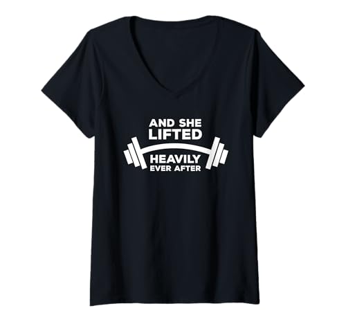 Damen T-Shirt mit Aufschrift and She Lifted Heavily Ever After T-Shirt mit V-Ausschnitt Damen T-Shirt mit Aufschrift and She Lifted Heavily Ever After T-Shirt mit V-Ausschnitt von Hekkup