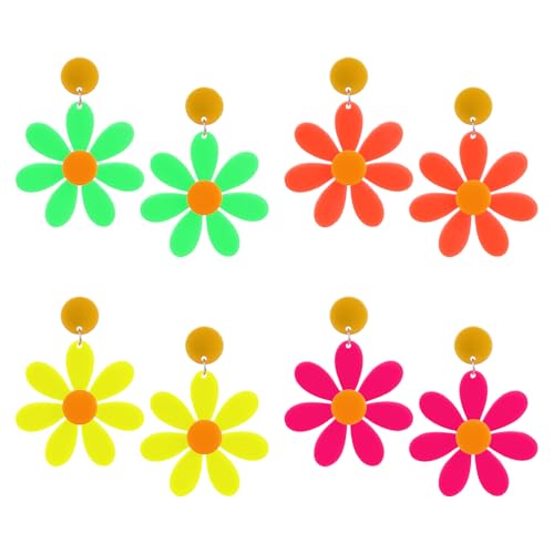 4 Paar Blumen Neon Ohrringe Damen Vintage Ohrhänger 70er 80er Jahre Party Halloween Ohrringe Neon Acryl Gänseblümchen Ohrhänger für Frauen 90er Party Halloween Weihnachten Schmuck Zubehör von HekouJiub