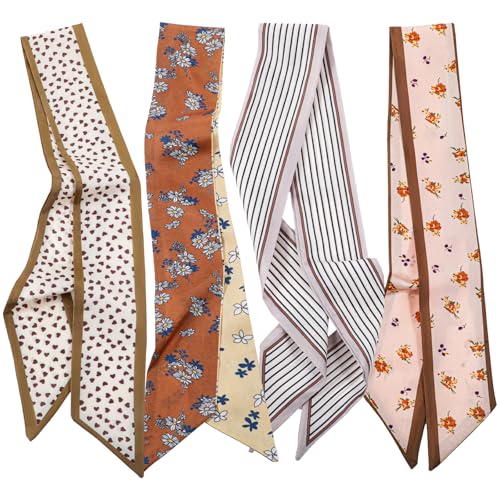 4 Stück Seidenschal Damen Boho Haarbänder Frauen Mode Handtaschen Schal Dünn Lang Halstuch Haarband Multifunktionale Vintage Herbst Stirnbänder Dünne Halsschal Dekorative Blumen Schals von HekouJiub