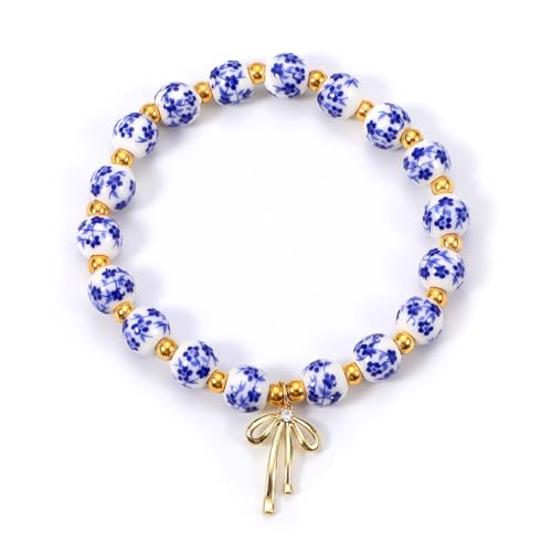 Armband Perlen Weiß Gold Perlenarmband Schleifen Anhänger Armband Damen Perlen Armbänder Stretch Vintage Perlenarmband Boho Schleifen Romantischer Armbänder Schmuck für Frauen Damen von HekouJiub