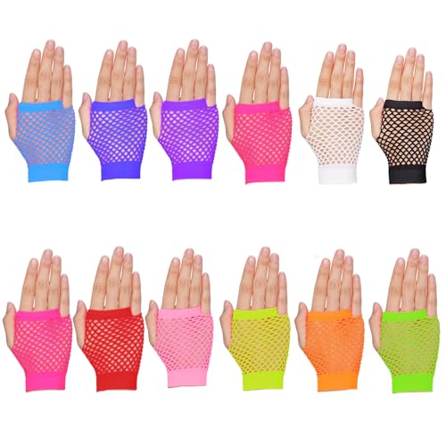 HekouJiub 12 Paar Neon Netzhandschuhe Damen Fischnetz Handschuhe Kurz Halloween Netzhandschuhe Vintage 80er 90er Jahre Mesh Fingerlos Handschuhe für Karnevals Weihnachten Party Rave Outfit von HekouJiub