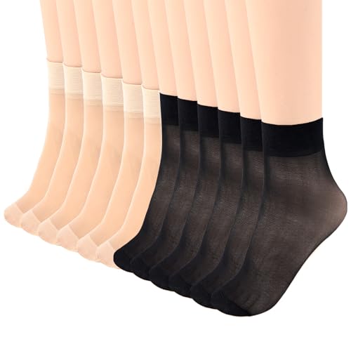 HekouJiub 12 Paar Nylon Damen Strümpfe Dünne Nylonstrümpfe Damen 20D Kurze Feinsöckchen Atmungsaktive Nylon Socken Feinstrumpfsöckchen Transparente Söckchen Verstärkte Zehenpartie (Schwarz, Hautfarbe) von HekouJiub