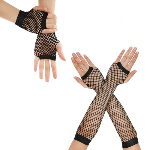 HekouJiub 2 Paar Netzhandschuhe Damen Fischnetz Handschuhe Halloween Armstulpen Schwarz Lange und Kurz Fingerlose Handschuhe Netzgewebe Tanzhandschuhe für 80er 90er Jahre Party Abendparty von HekouJiub