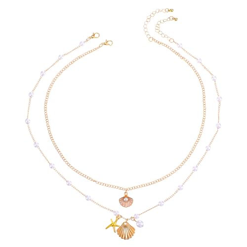 HekouJiub 2 Stück Muschelkette Damen Gold Halskette mit Muschel Anhänger Sommer Stapelbar Perlenkette Trachtenkette Damen Halsketten Schmuck Aesthetic für Frauen Sommer Strand Urlaub Surfer Party von HekouJiub