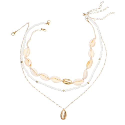 HekouJiub 3 Stück Muschelkette Damen Stapelbar Halsketten Trachtenkette Damen Sommer Muschelketten Gold Muschel Anhänger Halskette Mode Perlenkette für Frauen Sommer Strand Urlaub Surfer Schmuck von HekouJiub