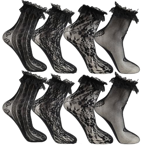HekouJiub 4 Paar Spitze Socken mit Rüschen Damen Feinsöckchen Schwarz Spitzensocken Mädchen Lolita Prinzessin Netzstrümpfe Transparent Nylonstrümpfe Spitzen Rüschen Socken für Frauen Damen von HekouJiub