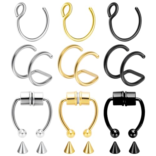HekouJiub 9 Stück Fake Septum Piercing Ring Edelstahl Magnetisch Nasenring Hoop Clip-On Nasenring Piercing Damen Fake Nasenpiercing Hufeisenringe Chirurgenstahl Piercingschmuck Ohne Piercings von HekouJiub