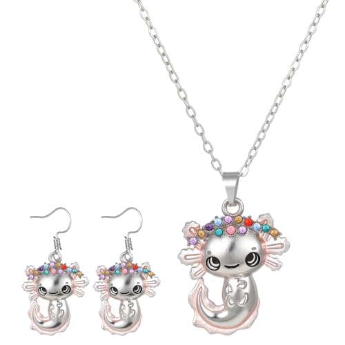 HekouJiub Axolotl Ohrringe Damen Kristall Axolotl Halskette und Ohrstecker Set, Süße Salamander Halsketten Strass Ohrringe Halskette mit Salamander Anhänger Axolotl-Zubehör Damen Schmuck von HekouJiub