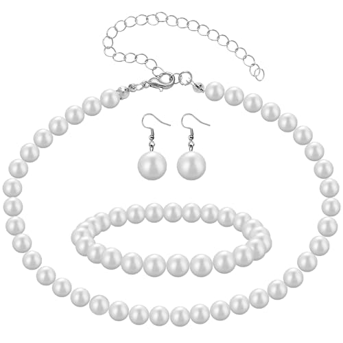 HekouJiub Perlenschmuck Set Damen Weiß Perlen Hochzeit Brautschmuck Kunstperlen Halskette Armband Ohrringe Schmuckset Braut Hochzeitsschmuck Brautjungfer Abschlussball Modeschmuck für Damen von HekouJiub