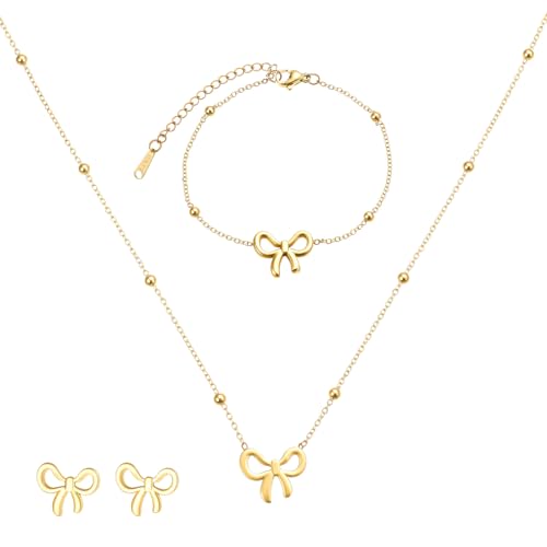 HekouJiub Schleife Perlenschmuckset Gold Brautschmuck Set Schleife Halskette Armband Ohrringe Schmuckset Schlüsselbein Kette Trachtenschmuck Damen Golden Schmuck für Geburtstag Hochzeit Weihnachten von HekouJiub