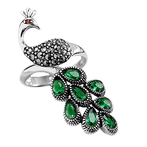 Helen de Lete 925 Sterling Silber Fabelhafter Pfau Grüne Feder Wundervogel Öffnen Ring von Helen de Lete