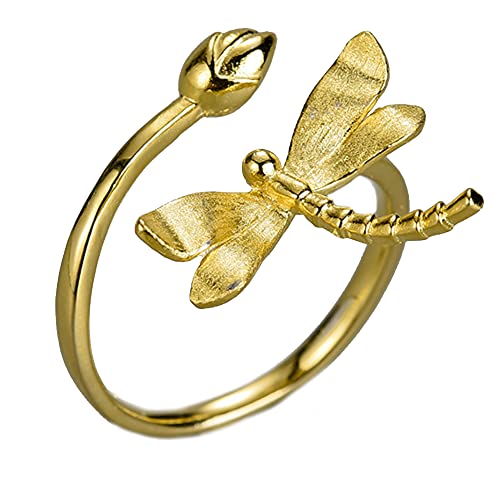 Helen de Lete 925 Sterling Silber Kleine Libelle auf Lotus Bud Verstellbarer Ring (Golden) von Helen de Lete