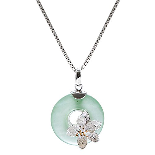 Helen de Lete Weinlese-grüner Jade Stein mit Lotus 925 Sterling Silber Halsband Halskette (Anhänger mit 18 "Sterling Silber Kette) von Helen de Lete