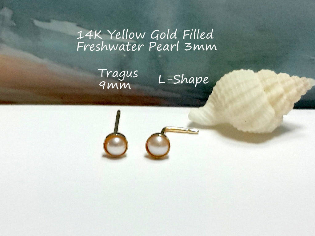 14K Gold Gefüllte Perle Tragus Ohrstecker, 3 Mm L-Form Post, 22G 20G, Juni's Birthstone von HelenCollectionJewel