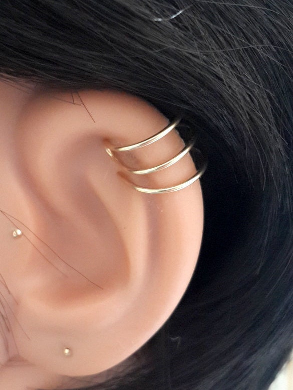 Dreifach Ohrmanschette 14K Gold Gefüllter Fake Helix-Creolen, Nicht Durchbohrt, Handgemacht von HelenCollectionJewel