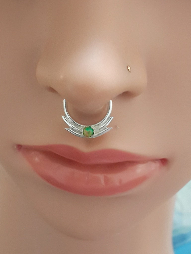 Sterling Silber Septum Ring 3 Mm Opal Stein, Double Line Design, 14-20G, Handgefertigt von HelenCollectionJewel