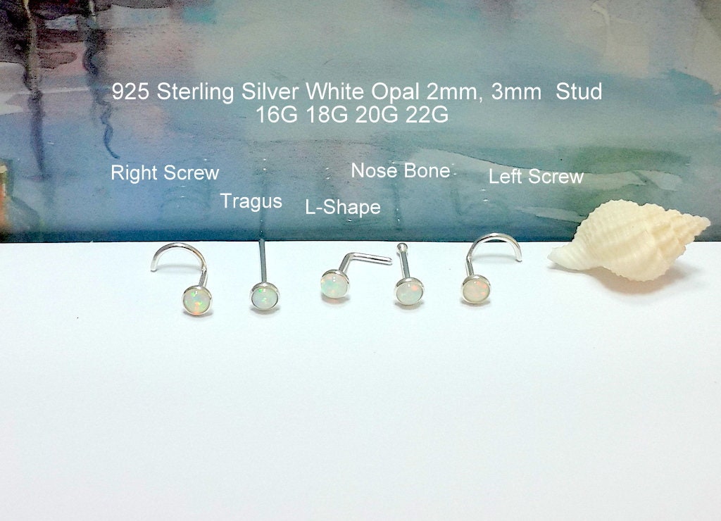 Weißer Opal Sterlingsilber Nasenstecker 22G-16G, Tragus, L-Form von HelenCollectionJewel