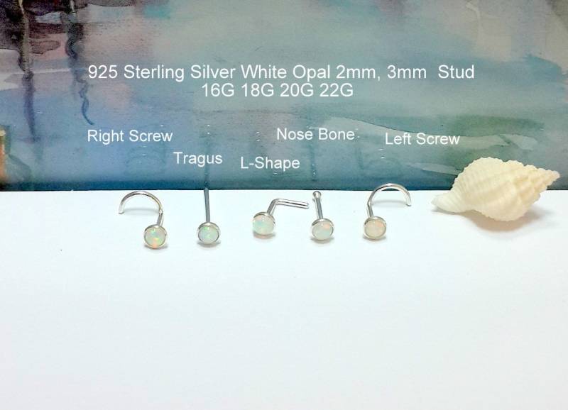 Weißer Opal Sterlingsilber Nasenstecker 22G-16G, Tragus, L-Form von HelenCollectionJewel