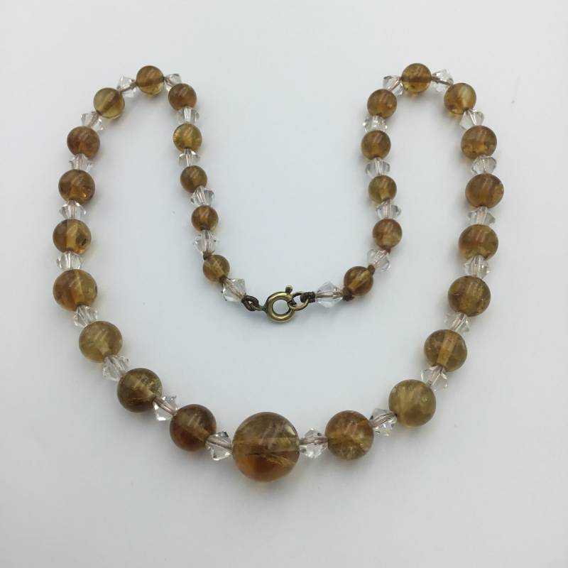 Art-Deco-1920Er Bis 1930Er Jahre Brauner Citrin-Edelstein Und Klare Glaskristallperlen Goldfarbene Schließe Abgestufte Halskette. Länge 17 Zoll von HelenHughesVintage