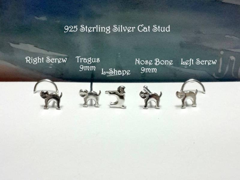 925 Sterling Silber Katze Ohrstecker Nase, Tragus, Helix Piercing, 22G -16G, Handgefertigt von HelenJewelryK