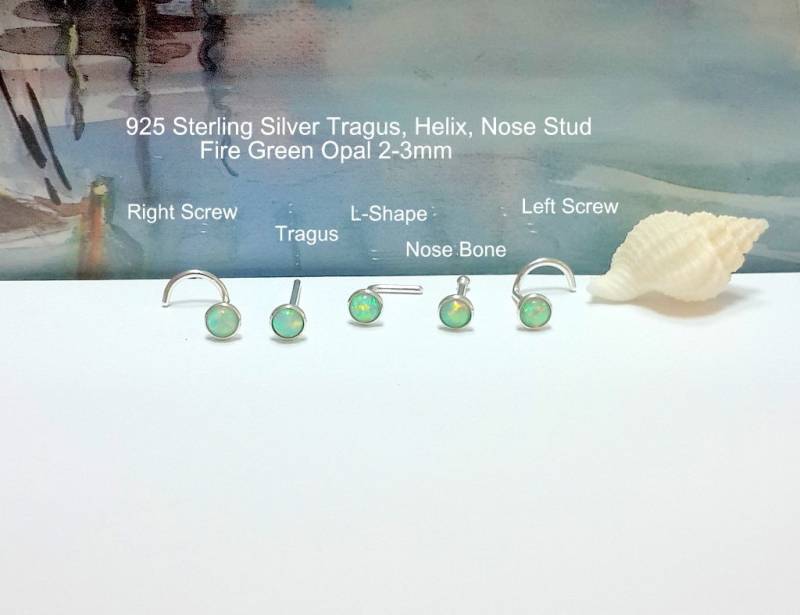 Grüner Opal Sterling Silber Nasenstecker Tragus Helix Piercing, 24G-16G, Screw, Bone, L-Form von HelenJewelryK