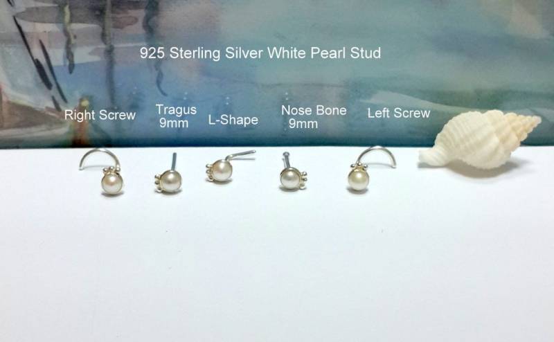 sterling Silber Weiße Perle Nasenstecker Tragus, Helix, Nasenloch, 22G-16G, Schraube, Knochen, L-Form von HelenJewelryK