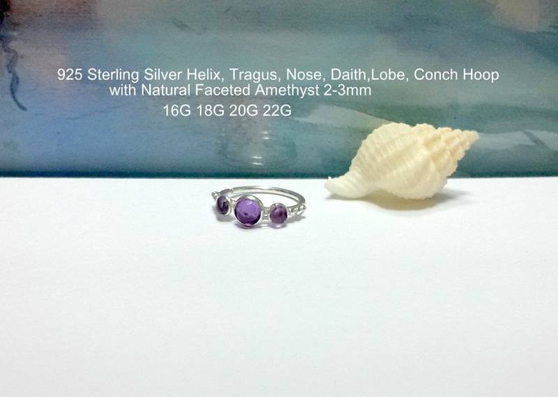 Natürlicher Facettierter Amethyst 2-3mm Knorpel Ohrring-Silber Helix Piercing-Conch-Tragus Hoop-16G 18G 20G 22G-Februar-Geburtstagsgeschenk von HelenJewelryK