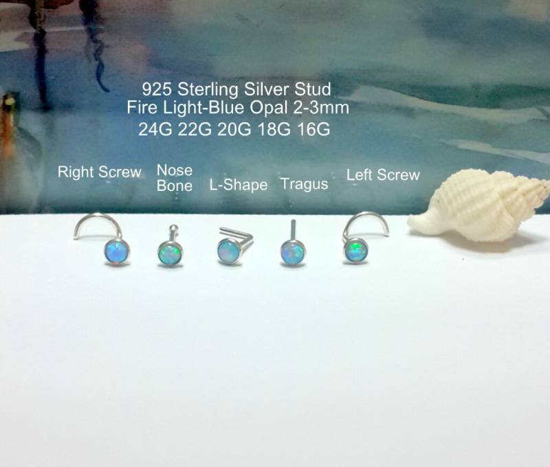 Light-Blue Opal 925 Sterling Silber Nasenstecker 16G-24G, Unikate Geschenke von HelenJewelryK
