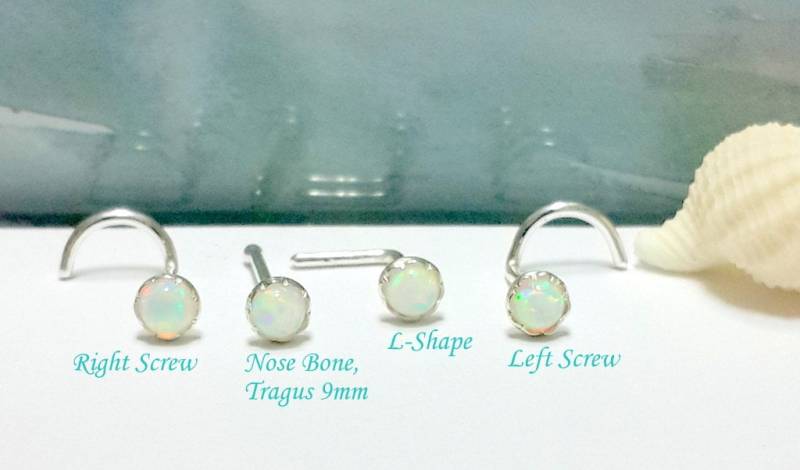 Weißer Opal Nasenstecker Sterling Silber Nasenknochen, Schraubverschluss, L-Form | 22G-16G, Black Friday von HelenJewelryK
