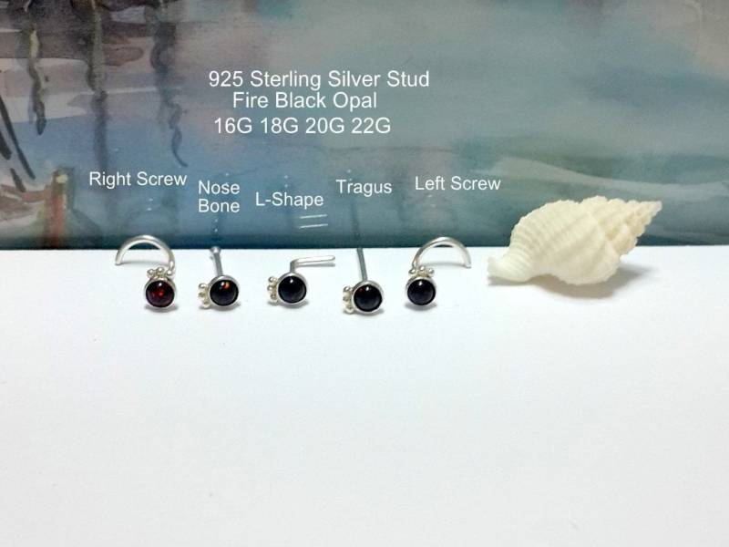 Schwarzer Opal Sterlingsilber Nasenstecker 16G-24G, Tragus & Nasenloch, Schraube, Bone, L-Form, Black Friday von HelenJewelryK