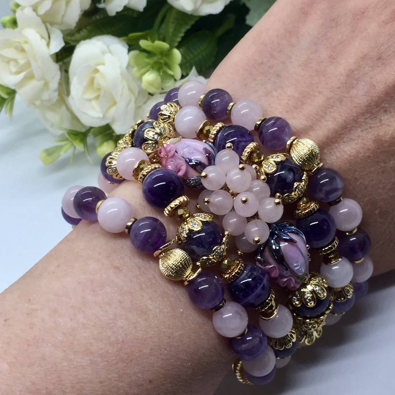 Luxuriöses Armband Amethyst Perlen Quarz Und Lampwork Mit Ohrringe Als Set Rosa Violett Geschenk Für Frauen Naturstein Gift For Woman von HelenaHildebrand888
