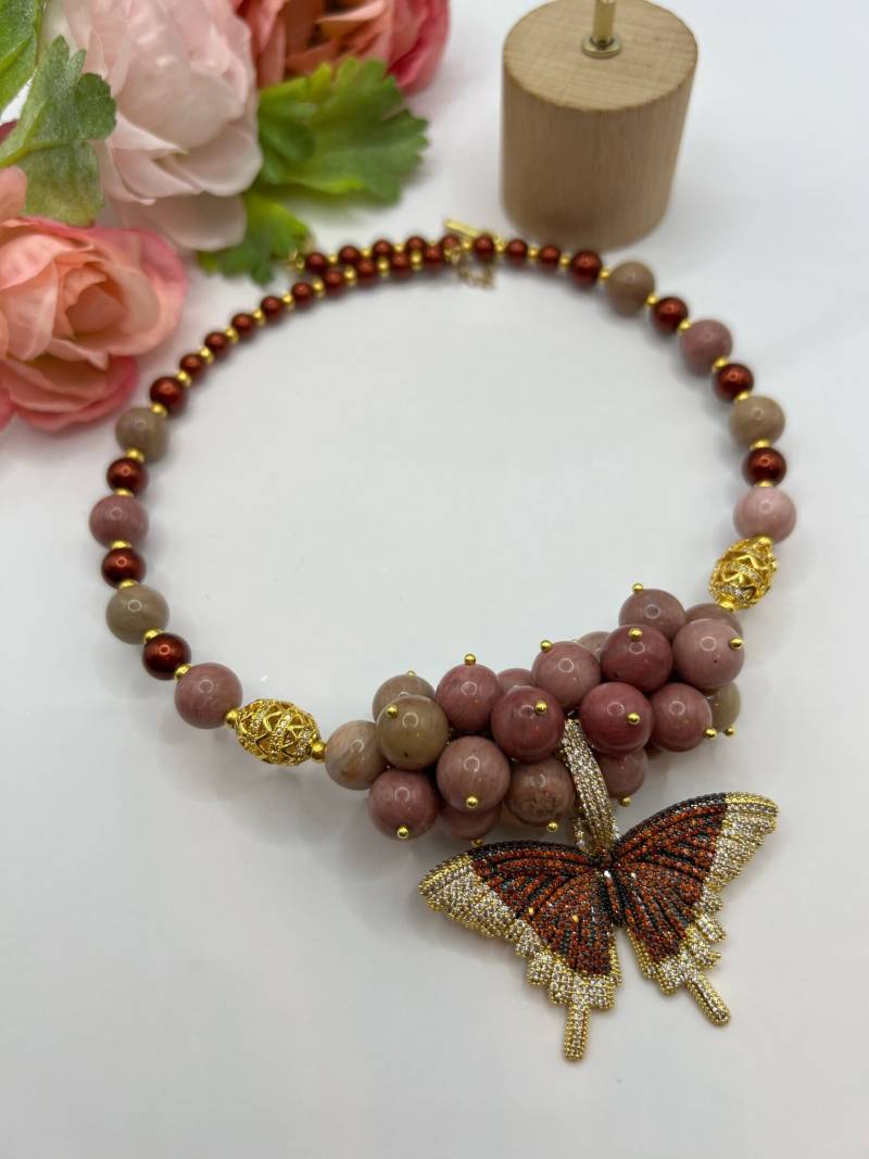 Rhodochrosite Necklace Set With Earrings Butterfly Pendant Beautiful Gift Idea For Woman Wedding Party Birthday Unique Piece von HelenaHildebrand888
