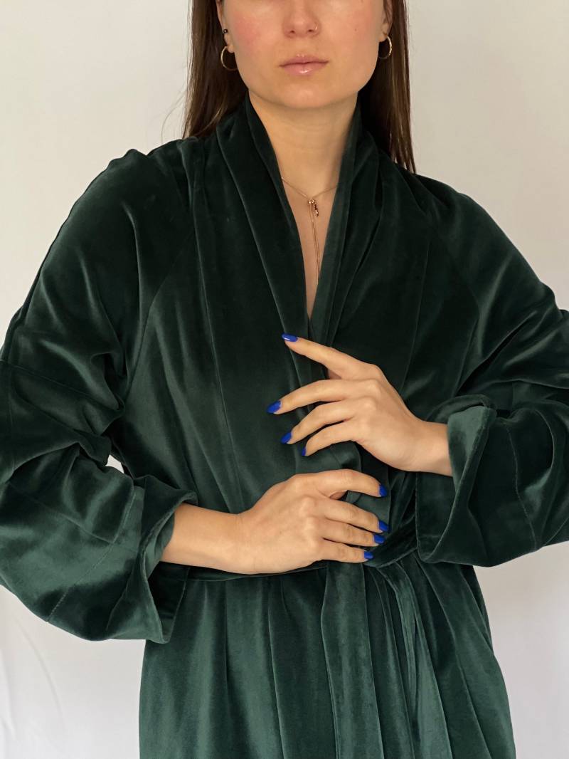 Boho Langer Bademantel Aus Bio-Baumwollsamt/Grüner Morgenmantel Baumwollmantel Kimonomantel Custom-Bademantel Samtmantel von HelenaMuza