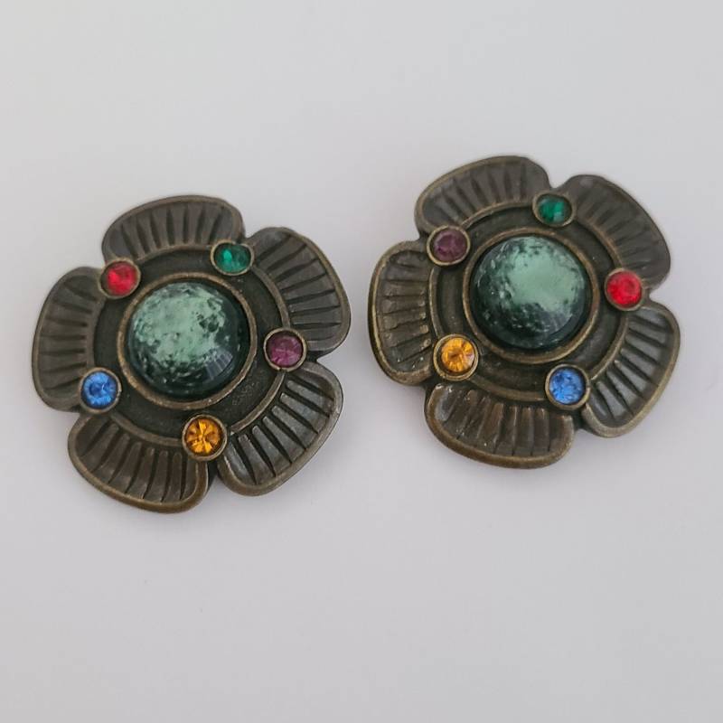 Vintage Ohrclips Florales Design Mit Mehrfarbigen Strasssteinen von HelensJewelleryBox