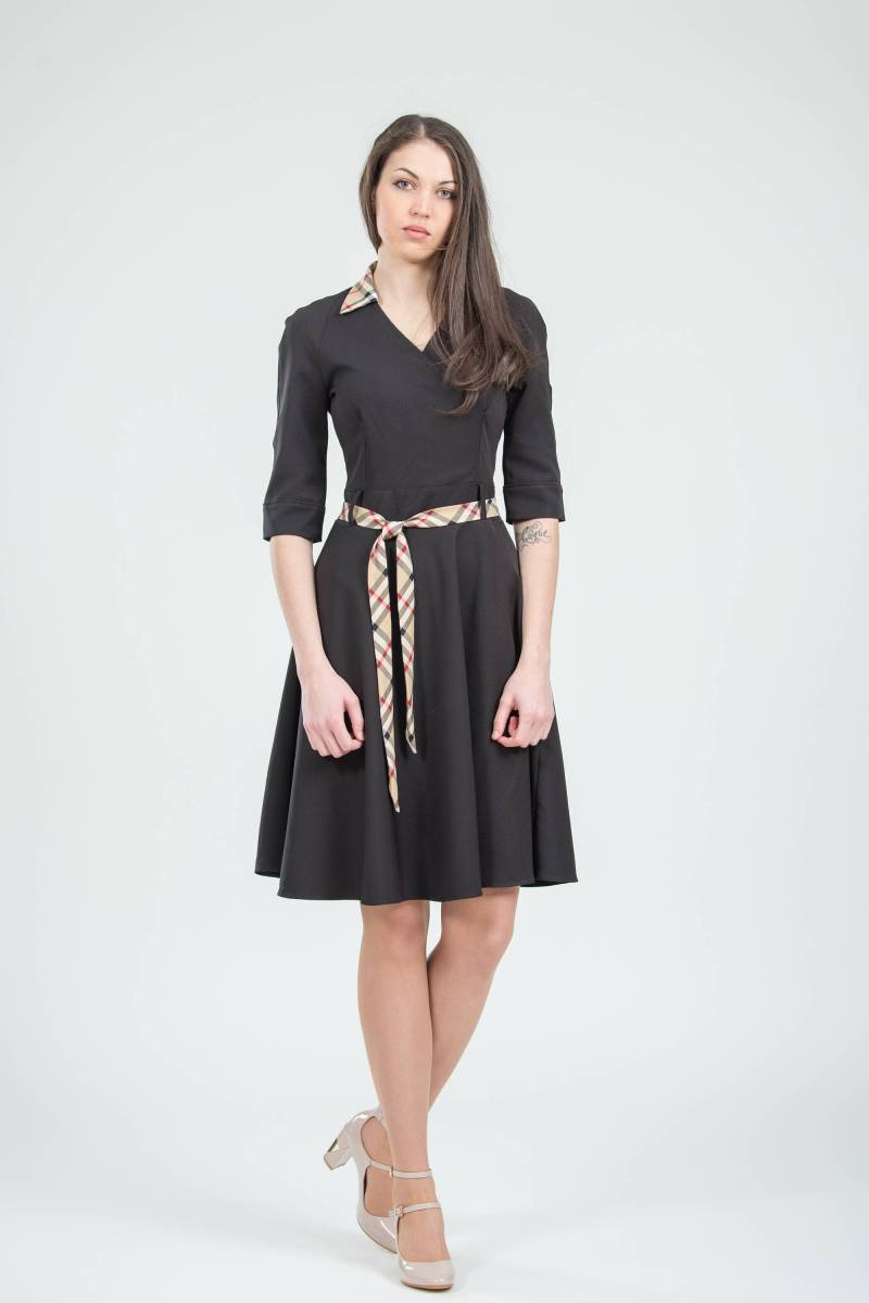 Lässiges Schwarzes Kleid Damen Alltagskleidung Fit Und Flare V-Ausschnitt Knielänge Für Die Arbeit Bürokleidung von HelensWear