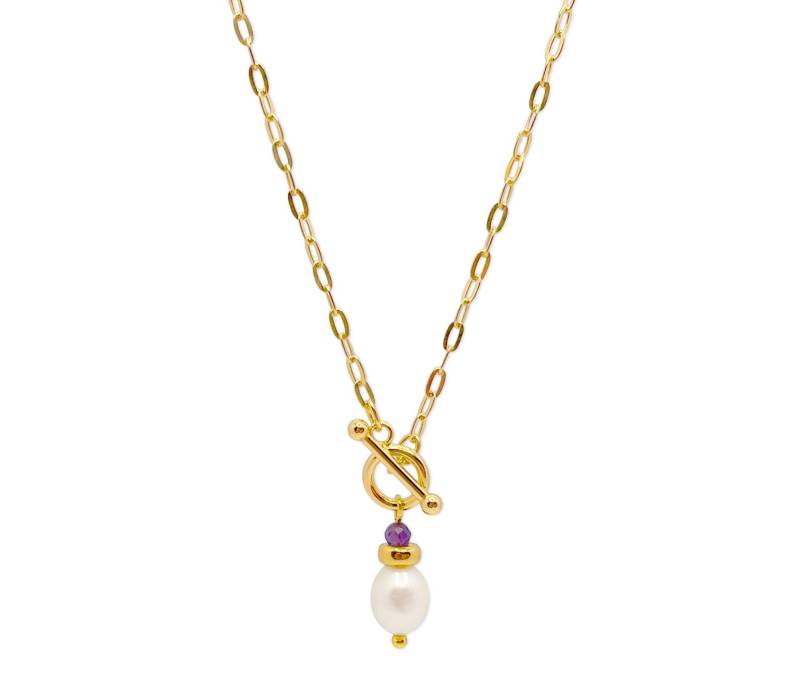 Vergoldetes 925 Silber Collier Mit Knebelverschluss, Weißer Zuchtperle Und Amethyst von HeliadenJewellery