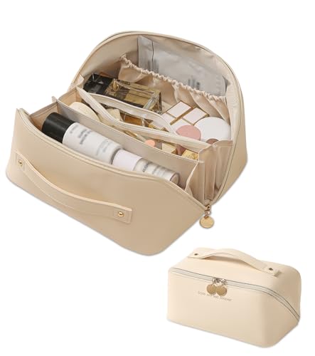 Heliar Reise-Make-up-Tasche mit großer Kapazität für Damen – wasserdichter und leicht zu reinigender Kosmetik-Organizer mit Pinselhalter, weit geöffneter, tragbarer Reise-Kulturbeutel, Beige, Large Heliar Reise-Make-up-Tasche mit großer Kapazität für Damen – wasserdichter und leicht zu reinigender Kosmetik-Organizer mit Pinselhalter, weit geöffneter, tragbarer Reise-Kulturbeutel, Beige, Large von Heliar