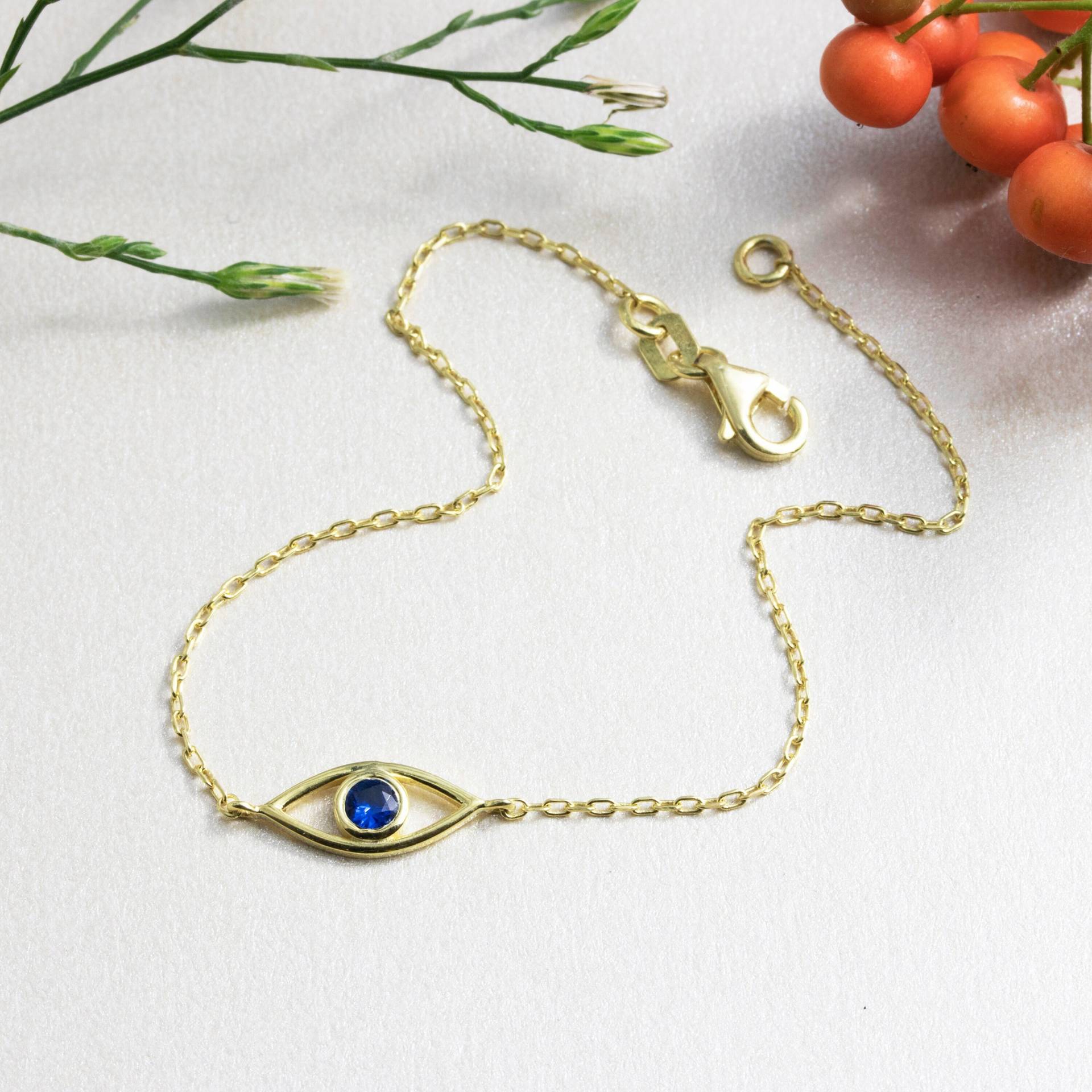 14K Evil Eye Saphir Armband Gold, Zierliches Glücksarmband, Armband, Gold Whammy Schmuck, Geschenk Für Die Beste Freundin, Geburtstagsgeschenk von HeliosGoldJewelry