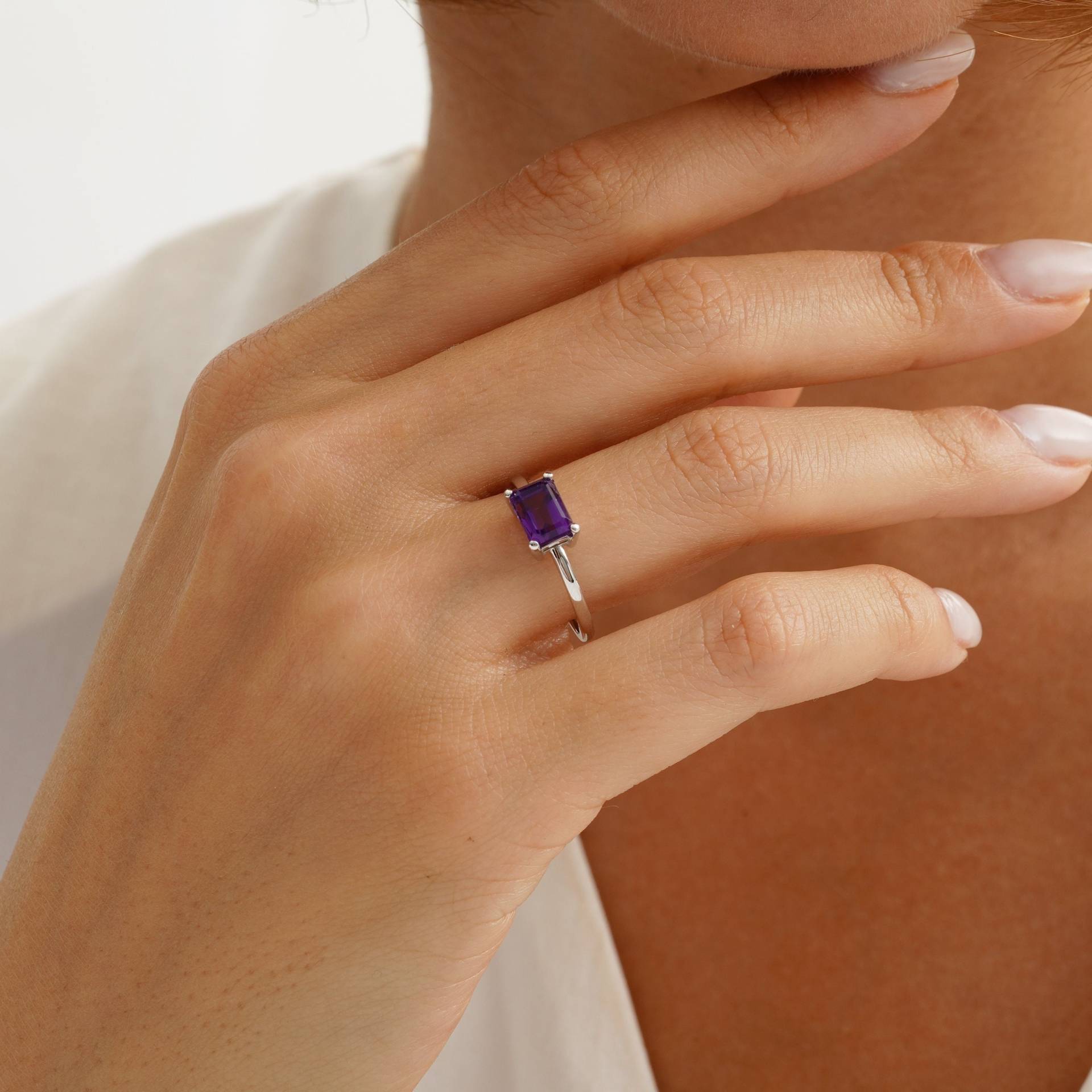 14K Gold Octagon Schliff Amethyst Ring, Einzigartiger Ehering, Verlobungsring, Februar Geburtsstein Natürlicher Schmuck von HeliosGoldJewelry