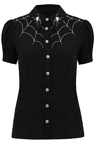 Hell Bunny Arania Bluse Spinnennetz Gotisch Hemd mit Elastischen Bündchen, Schwarz, 4XL von Hell Bunny