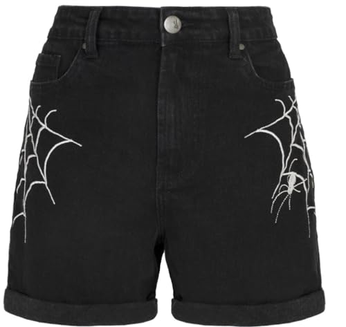 Hell Bunny Arania Denim Shorts Spinnennetz Kontrast Stickerei Schwarz Gothic, Schwarz, 2XL von Hell Bunny