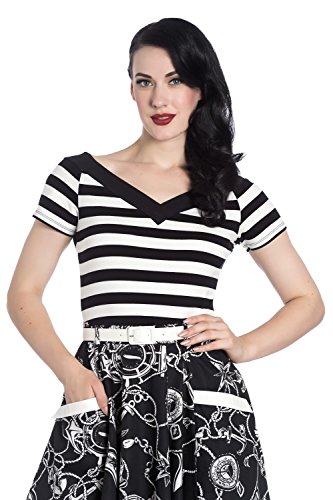 Hell Bunny Caitlin Gestreift Vintage Retro 50er Jahre Rockabilly Kurzarm V-Ausschnitt Top - Schwarz & Weiß (XS - DE 34) von Hell Bunny