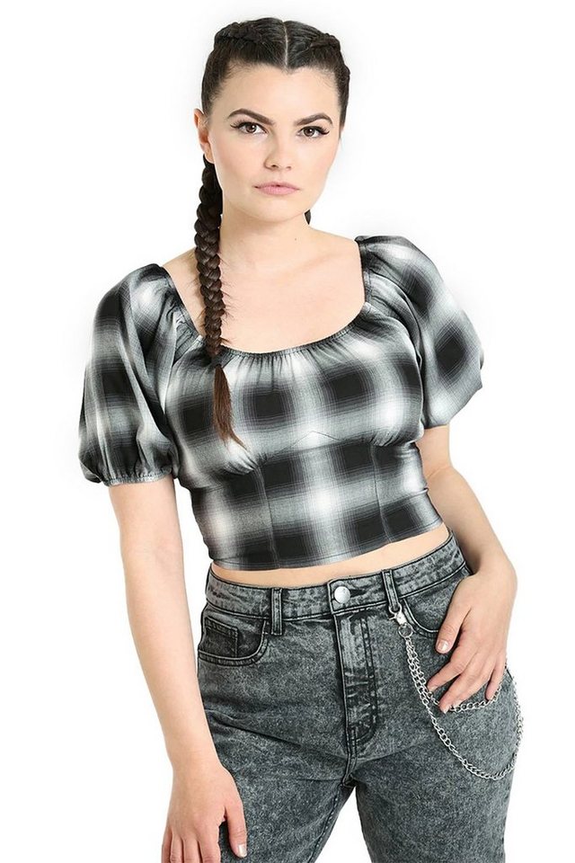 Hell Bunny Crop-Top April Retro Karo Kariert Rockabilly Puffärmel 50er von Hell Bunny