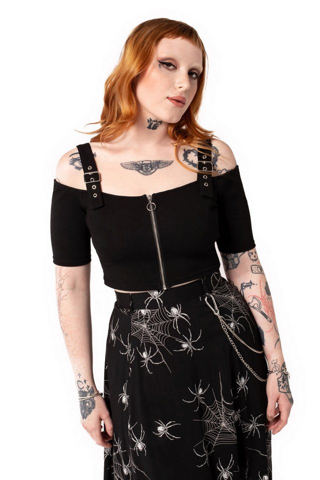 Hell Bunny Crop-Top Obsidian Bauchfreies Oberteil mit Nieten Gothic Goth Punk von Hell Bunny